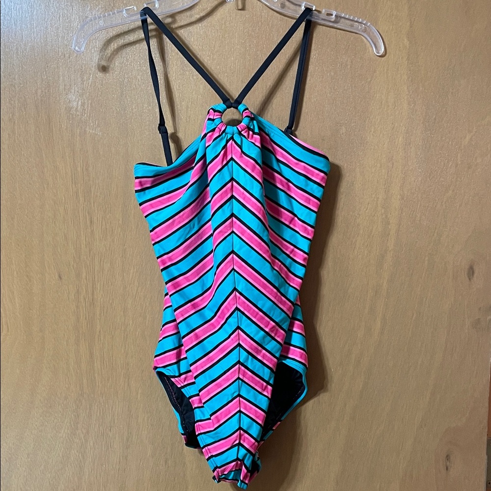 DKNY Pink & Teal Chevron One-Piece Swimsuit with Black Trim